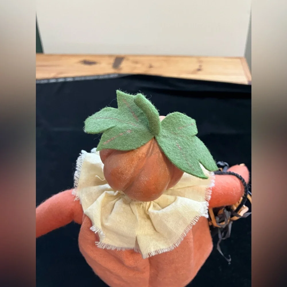 Handmade Halloween Pumpkin Cloth Figurine 15” Happy Pumpkin Head